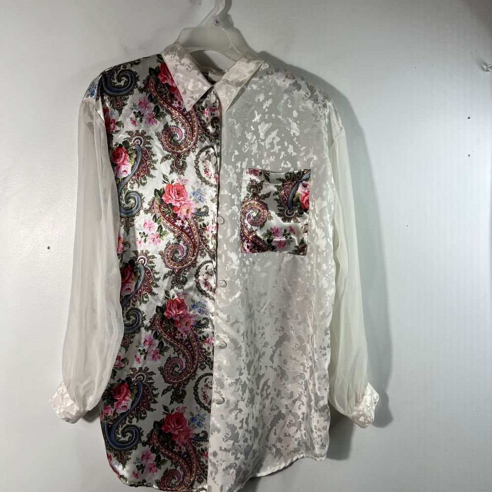 Womens Vintage Impressions Satin Floral Button‎ Shirt Cream Pink Green 10